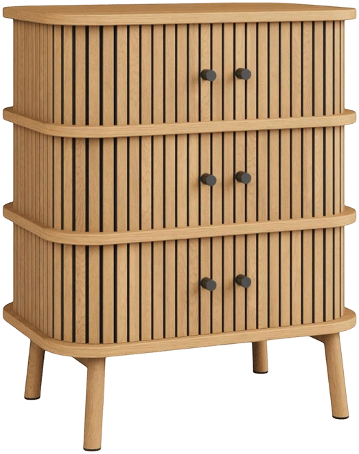 Fluted 3 Drawer Nightstand With Sliding Door, Mid Century Wooden 3 Drawer Dresser, Chest Of Storage Drawer, Side Table For Bedroom, Living Room