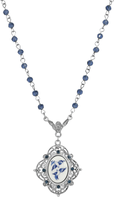 Vintage Silver Tone Blue Willow Oval Adjustable Necklace