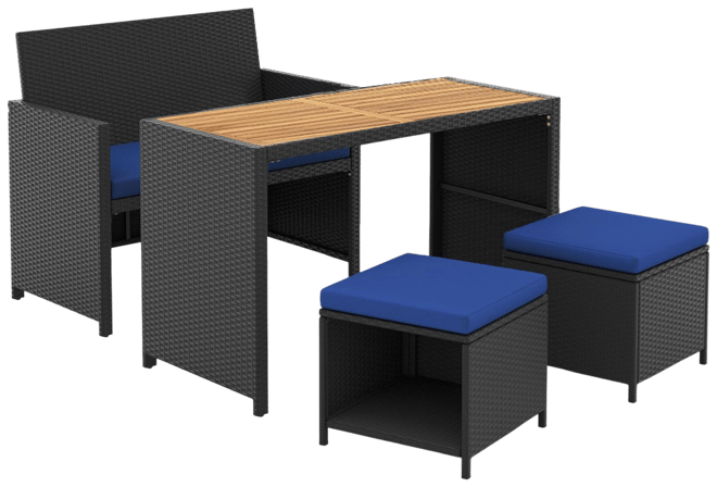 4 Piece Outdoor Dining Set with Wood Topped Dining Table Rattan Loveseat Chair and 2 Ottomans