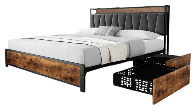 King Size Bed Frame with Storage Linen Upholstered Headboard, 4 Drawers Platform Bed Frame with Charging Station, No Box Spring Needed, Easy As