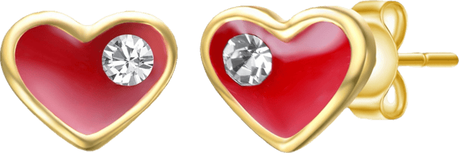 Sterling Silver 14K Gold Plated Clear Cubic Zirconia & Red Enamel Heart Stud Earrings