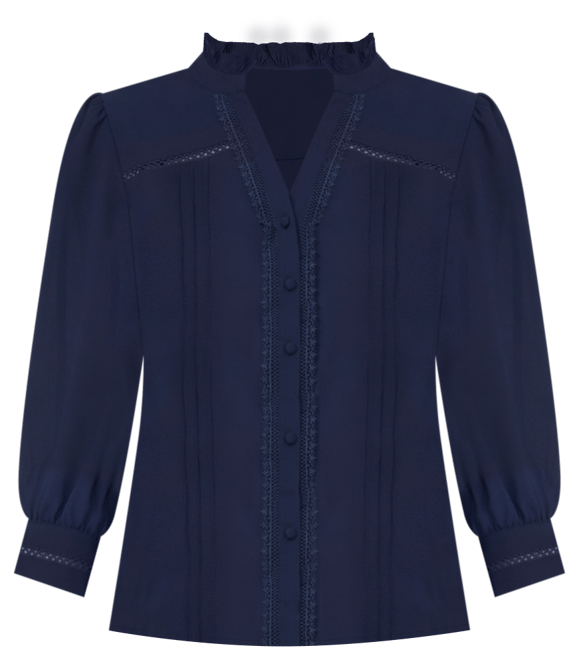 Women's Lace Trimmed Pintuck 3/4-Sleeve Button Front Blouse