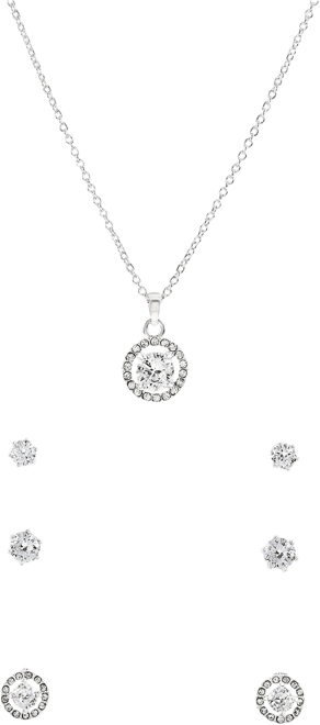 Signature CZ Halo Necklace & 3-Pc. Stud Earrings Set
