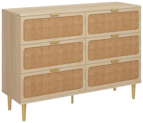 Rattan 6 Drawer Dresser for Bedroom with Wide Top, Large Double Dresser for Closet with Deep Drawers, Wooden Chest of Drawer for Living Room, Entryway