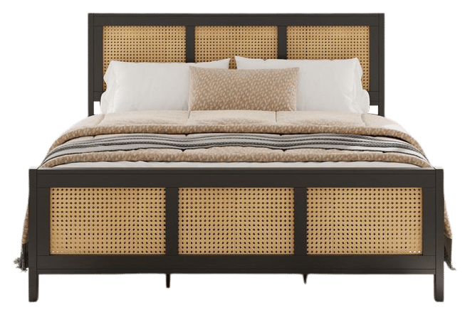 King Size Rattan Bed Frame with Headboard, Black Boho Cane Platform Bed Frame with Strong Metal Slat, Noise Free, No Box Spring Needed