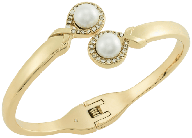 Gold-Tone Pave & Imitation Pearl Bypass Bangle Bracelet, Created for Macy's