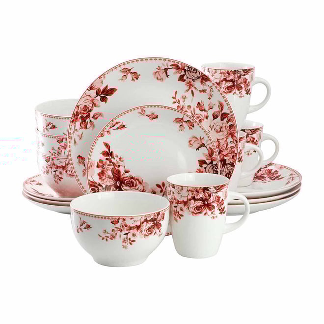 Elama Traditional Red Rose 16-pc. Stoneware Dinnerware Set