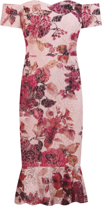 Women's Off-the-Shoulder Printed Floral Lace Midi Dress