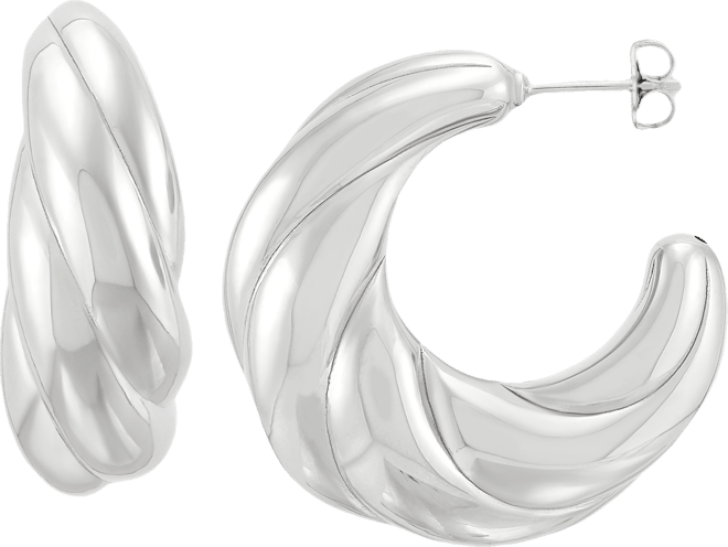 Polished Shrimp Style Medium Hoop Earrings in Sterling Silver, 1.3"