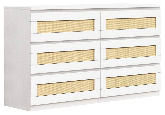 Rattan Dresser For Bedroom, 6 Drawer Dresser For Bedroom, Modern Wide Chest Of Drawers With Anti-Tip Kit