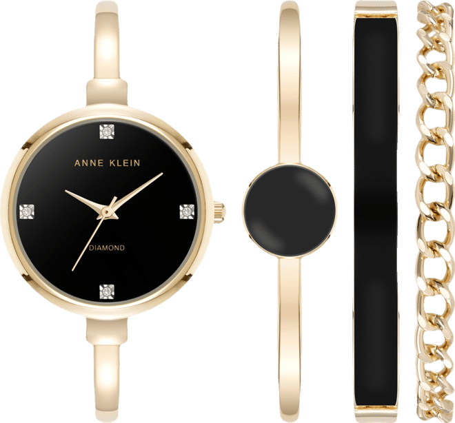 Women's Quartz Black Enamel and Gold-Tone Metal Alloy Bangle Watch Set, 32mm