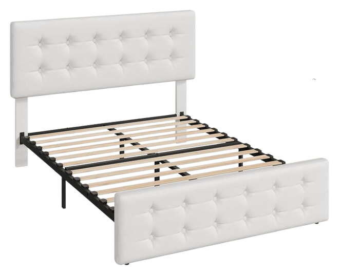 Queen Size Bed Frame with 4 Storage Drawers and Headboard, Pu Upholstered Platform Bed Frame with Stitched Button Tufted Design, Wooden Slats S