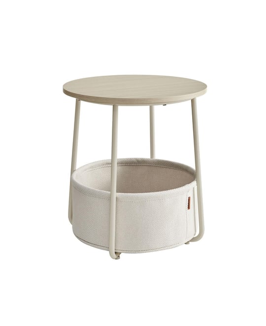Small Round Side End Table, Modern Nightstand with Fabric Basket
