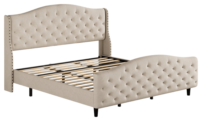 gaomon Queen/King Size Velvet Bed Frame With Headboard And Footboard, Tufted Wingback Headboard, Upholstered Platform Bed, Strong Wooden Slats, No Box