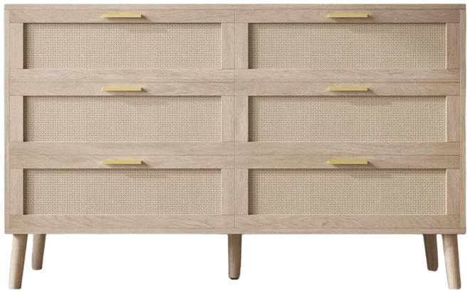 6 Drawer Rattan Dresser, 47.2" x 15.7" x 29.5" Rattan Chest of Dressers, Mid Century Modern Dresser for Closet with Handles, Large Table Top, D