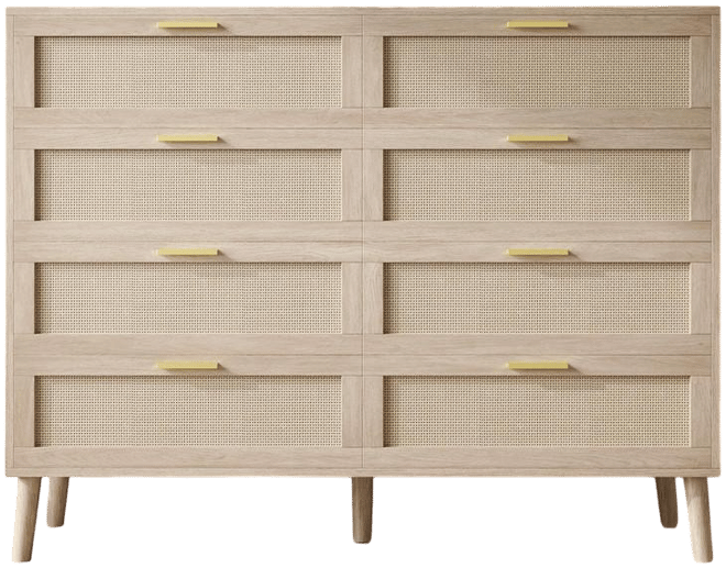 8 Drawer Rattan Dresser, 47.2" x 15.7" x 37" Rattan Chest of Dressers, Mid Century Modern Dresser for Closet with Handles, Large Table Top, Dre
