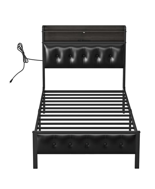 King/Twin Size Bed Frame with Storage Headboard & Charging Station Upholstered Platform Bed, Twin