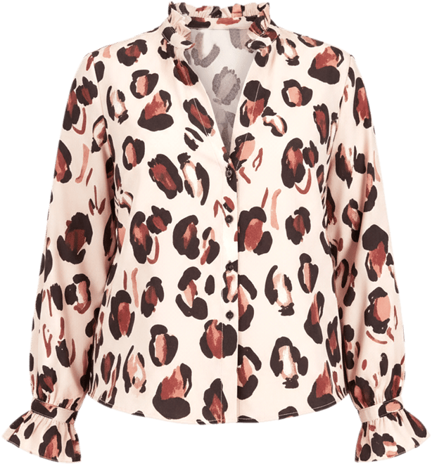 Women's Plus Size Printed Button Down Shirt With Ruffle Neck