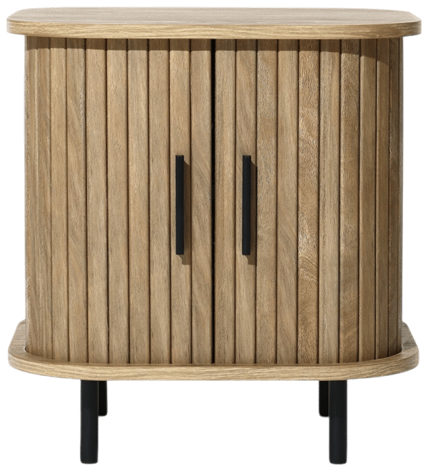 Mid-Century Modern 2-Door Nightstand and End Table with Slatted Slidng Doors