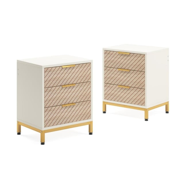 Night Stands Set of 2, Nightstand with 3 Drawers White and Gold Light Wood Grain Nightstands Bedside End Tables Storage for Bedrooms
