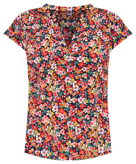 Women's Floral-Print Split-Neck Cap-Sleeve Top