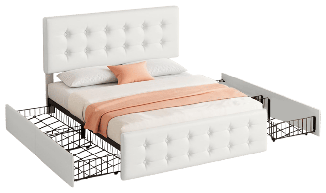 Queen Bed Frame with Headboard and 4 Storage Drawers, Platform Bed Frame Square Stitched Button Tufted