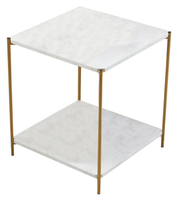 Side End Table with Faux Marble Storage Shelves & Gold Metal Frame, Nightstand for Bedroom, Living Room, or Modern Accent Table