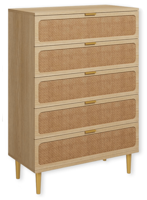 Rattan 5 Drawer Dresser for Bedroom, Large Double Dresser with Deep Drawers