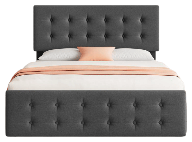 Queen Size Bed Frame with 4 Storage Drawers and Headboard, Linen Upholstered Platform Bed Frame with Wooden Slats Support, Button Tufted Design