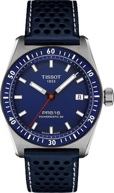 Men's Swiss Automatic PR516 Powermatic 80 Blue Perforated Leather Strap Watch 38mm