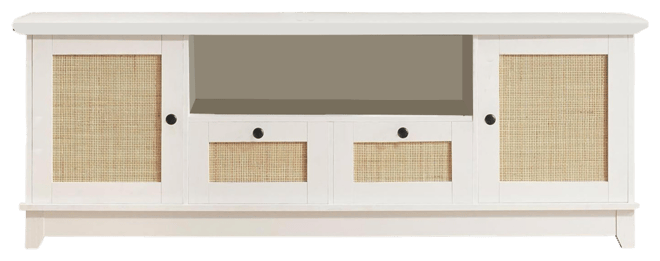 Rattan Tv Stand, Modern Entertainment Center for 65/70 Inch Tv, White Media Center with 2 Drawers and 2 Cabinets with Adjustable Shelf, Tv Medi