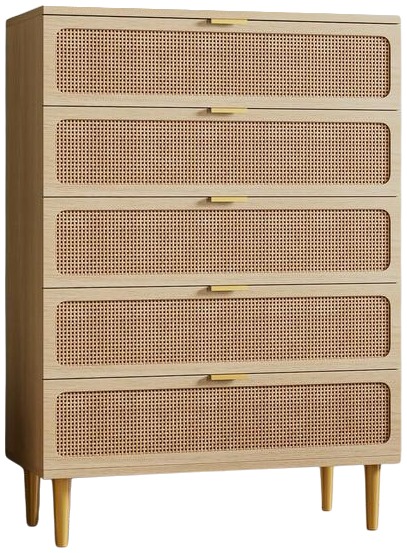 Rattan 5 Drawer Dresser for Bedroom, Tall Dresser with Deep Drawers, Large Chest of Drawers for Closet with Wide Top, Long Wooden Dresser for Living R