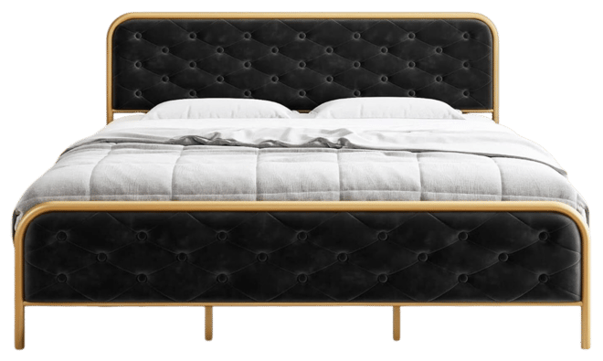 gaomon King Bed Frame with Button Velvet Headboard, Upholstered Tufted Footboard