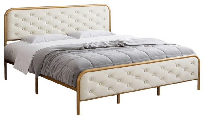 King Bed Frame with Button Velvet Headboard, Upholstered Tufted Footboard