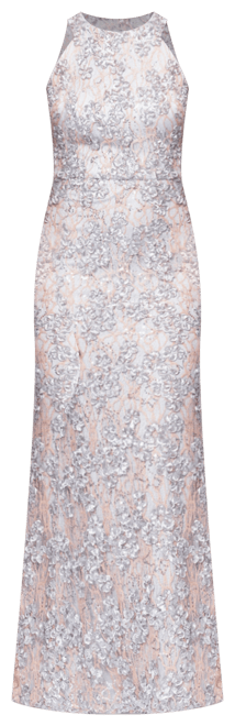 XSCAPE Petite High-Neck Sleeveless Lace Sheath Gown - Macy's