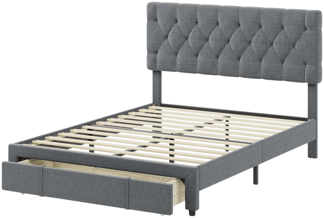 Queen Size Bed Frame with 1 Storage Drawers, Upholstered Platform Bed Frame