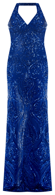 Juniors' Sequined Halter V-Neck Open-Back Gown