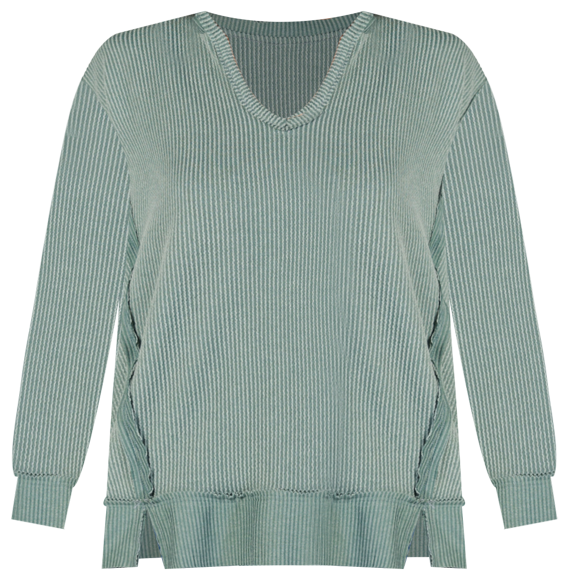 Women's Relaxed Fit Ribbed Knit V Neck Sweatshirt Top