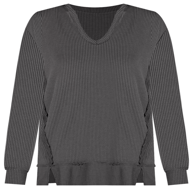 Women's Relaxed Fit Ribbed Knit V Neck Sweatshirt Top