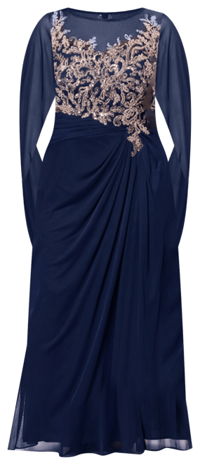 Plus Size Floral-Applique Cape-Sleeve Gown