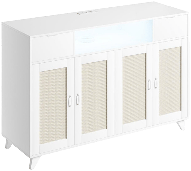 Sideboard Buffet Cabinet, 4 Rattan Doors 2 Drawers Accent Storage Cabinet