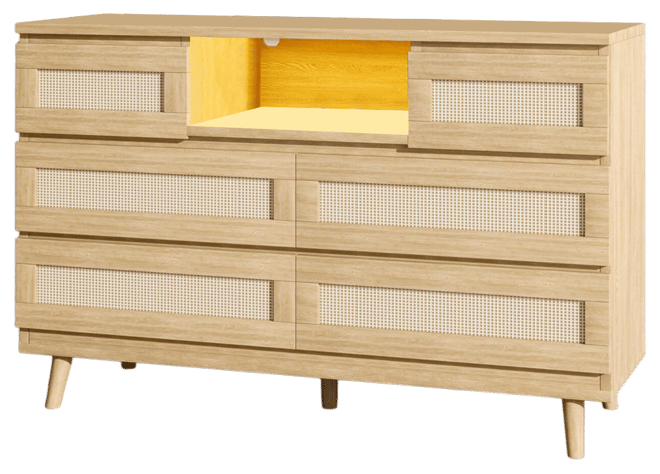 Natural Rattan Dresser for Bedroom with Led light and Charging Station