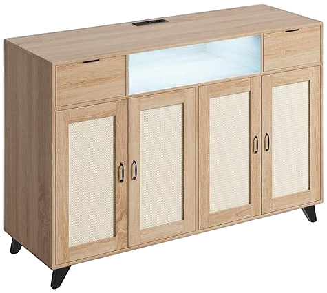 Sideboard Buffet Cabinet, 47" Accent Storage Cabinet with 4 Rattan Doors & 2 Drawers Console Table Coffee Bar w/Power Outlet & Led Light Adjust