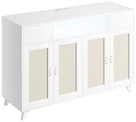 Sideboard Buffet Cabinet, 47" Accent Storage Cabinet with 4 Rattan Doors & 2 Drawers Console Table Coffee Bar w/Power Outlet & Led Light Adjust