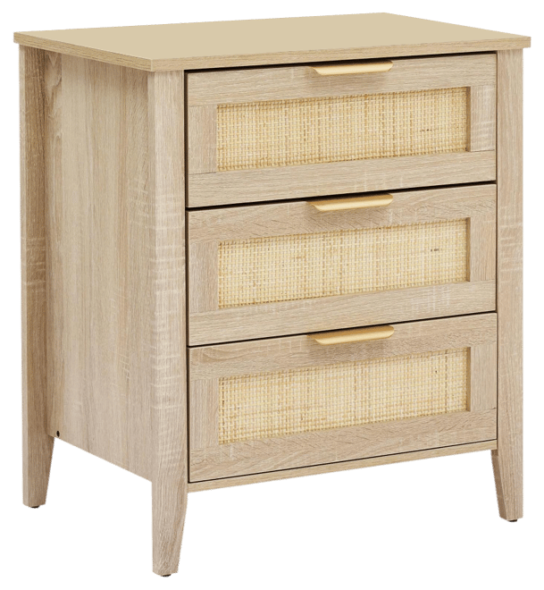 Nightstand, Rattan End Table, Nightstands with 3 Natural Rattan Drawers, Strong Support Wooden Structure, Side Table