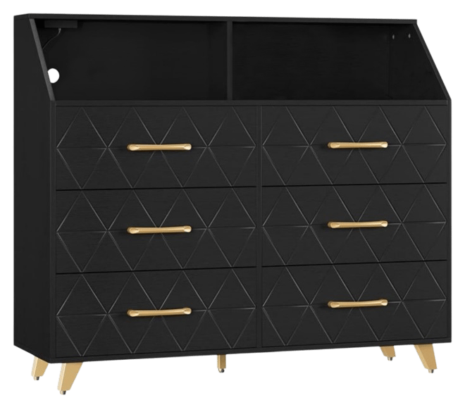 Dresser with Charging Station, Led Tv Stand Dresser with 6 Drawers, Wood Modern Dressers & Chests of Drawers for Closet, Bedroom, Living Room,