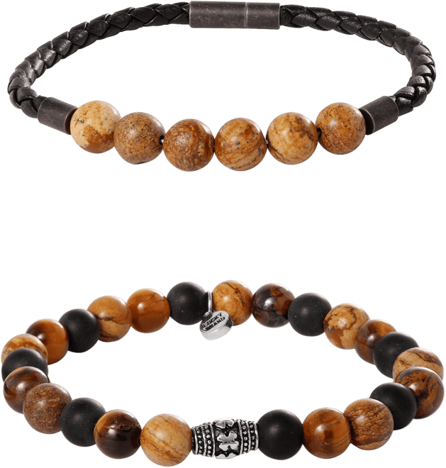 Tiger s Eye, Black Onyx, Picture Jasper Stretch Bead & Magnetic Cord Bracelet Set