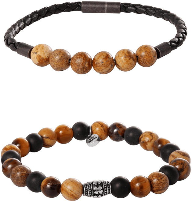 Tiger s Eye, Black Onyx, Picture Jasper Stretch Bead & Magnetic Cord Bracelet Set