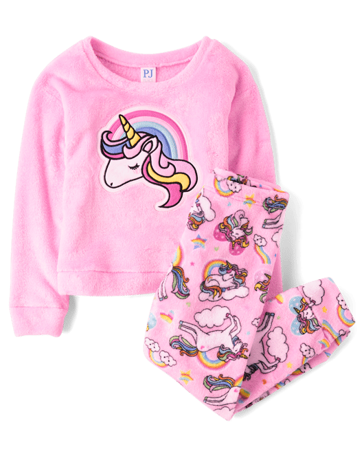 Girls Long Sleeve Rainbow Unicorn Fleece Pajamas - PINK | The