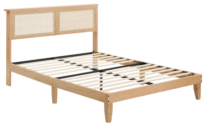 Queen Size Bed Frame with Natural Rattan Headboard & Integrated Led Lights